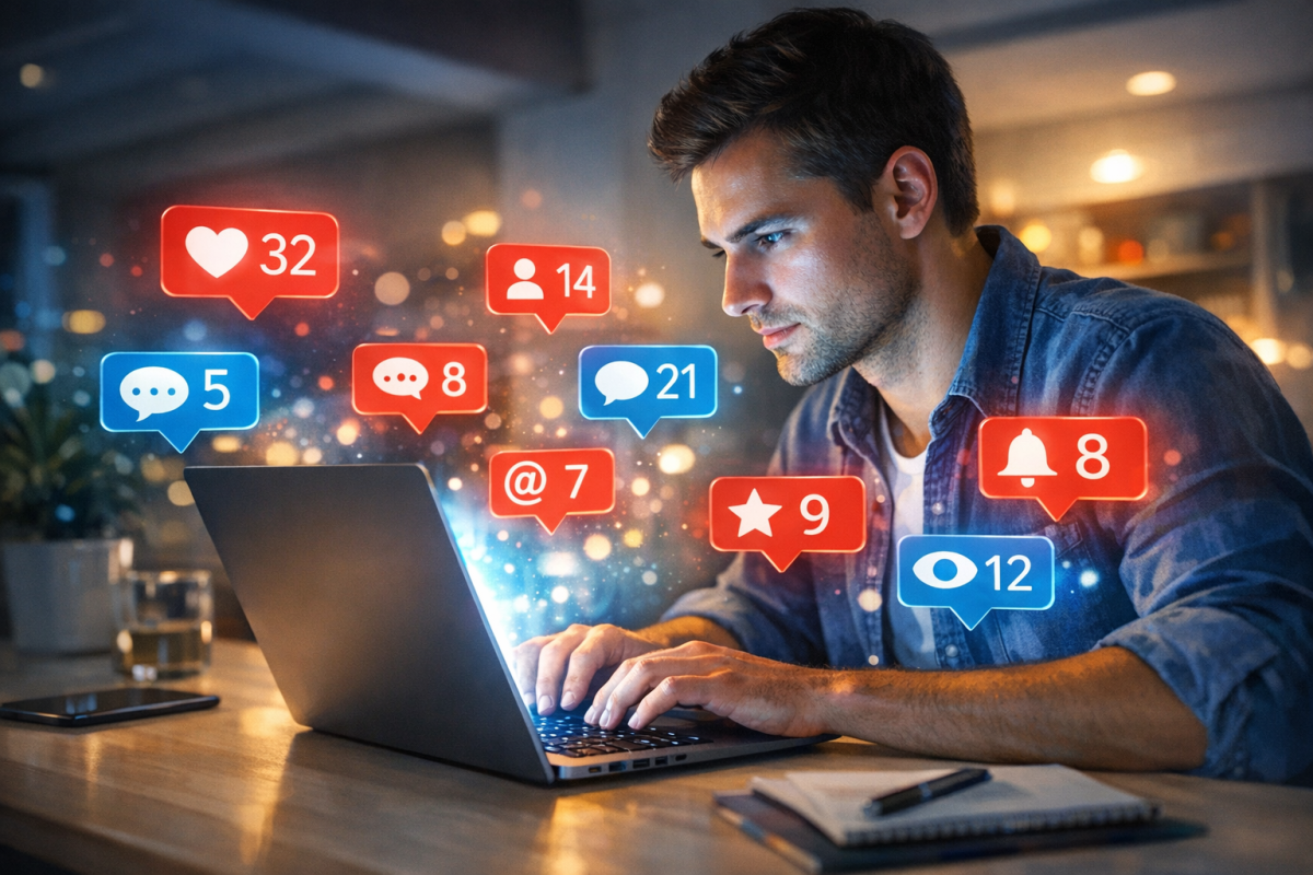 Person sharing blog post on social media