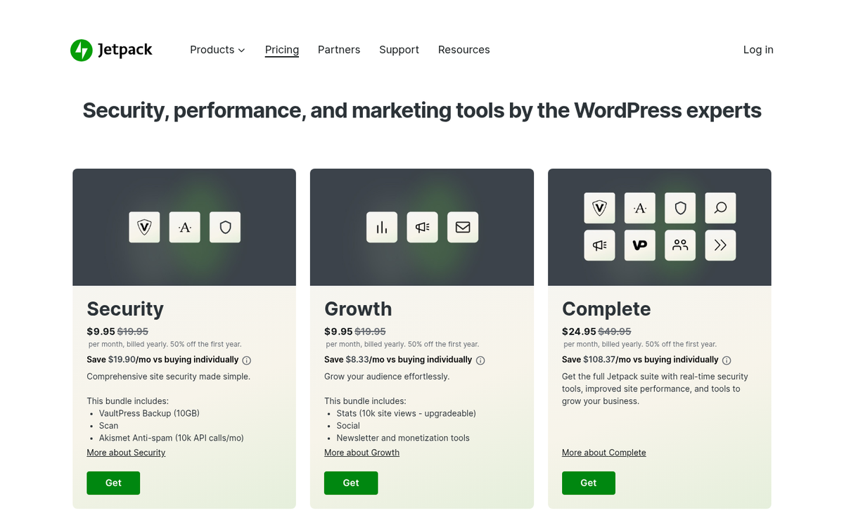 Jetpack WordPress plugin pricing page screenshot