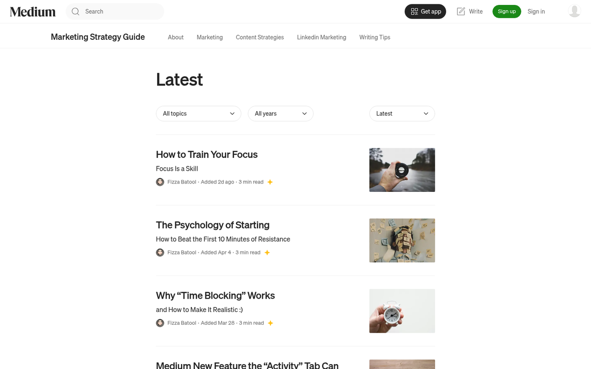 Medium profile page self-promotion example