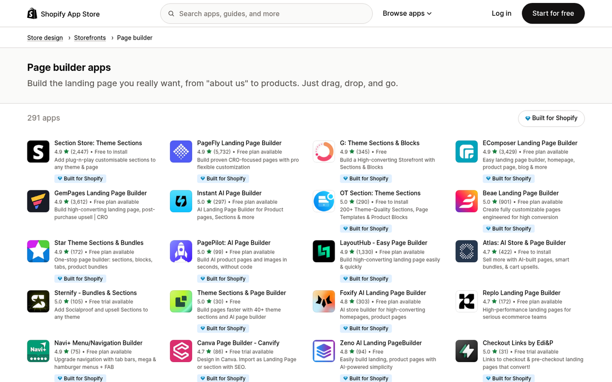 Shopify page builder app blog interface