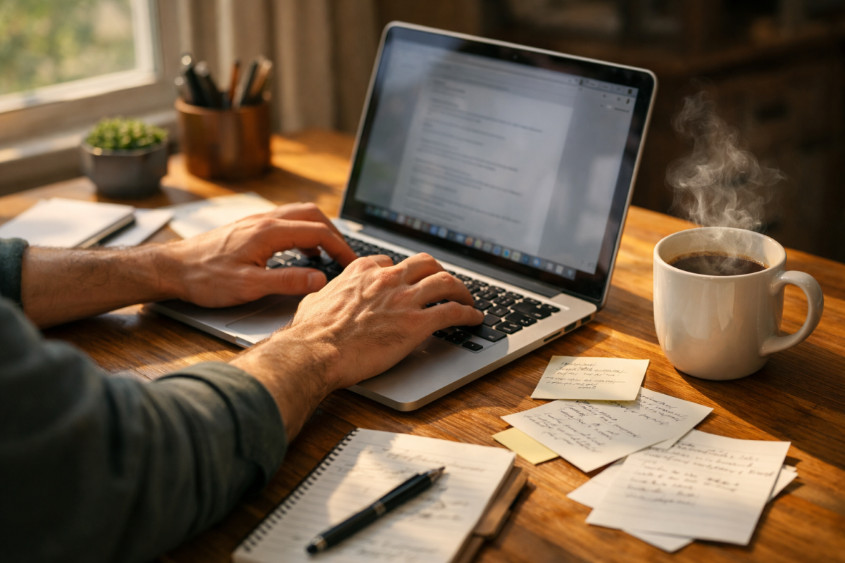 Woman typing blog post on laptop