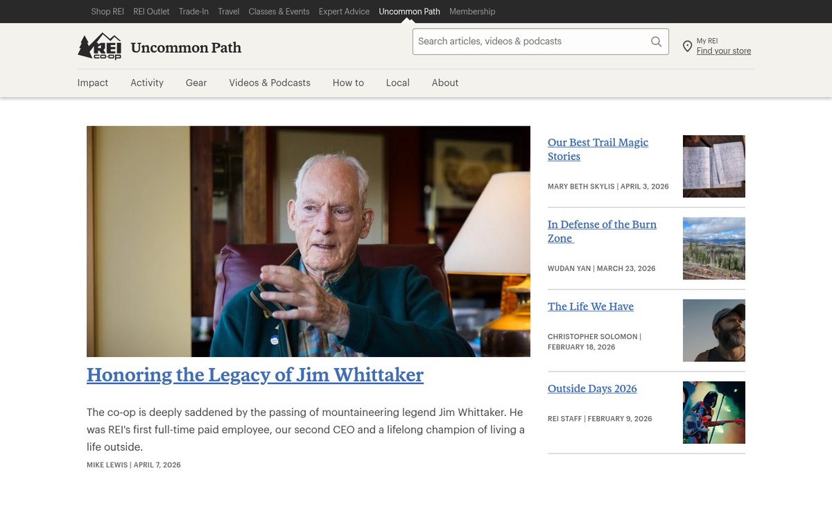 REI corporate blog homepage screenshot