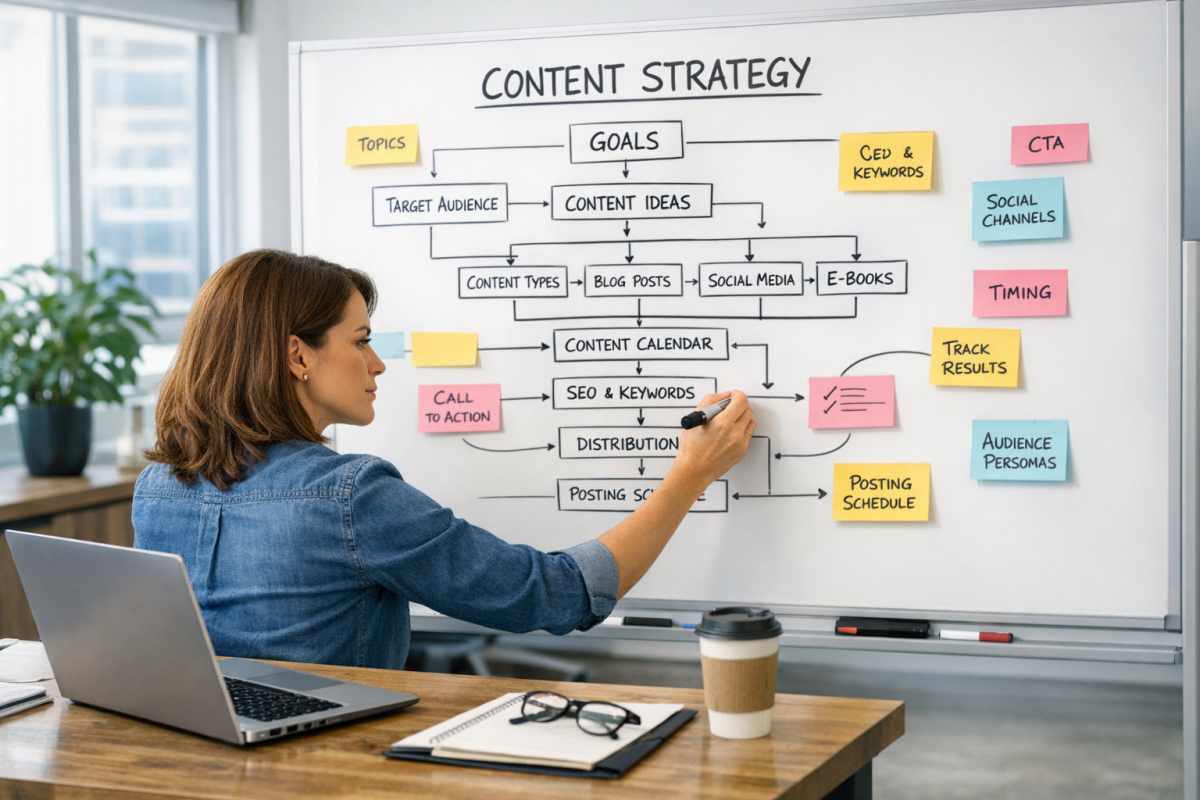 Person planning content marketing strategy diagram