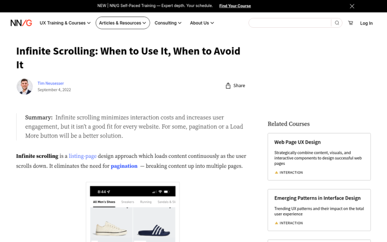 Infinite scroll website interface on screen