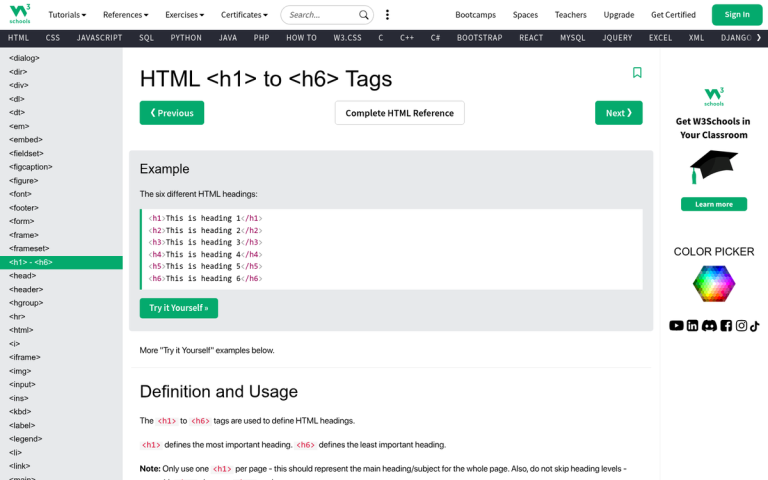 HTML heading tags H1 H2 H3 example