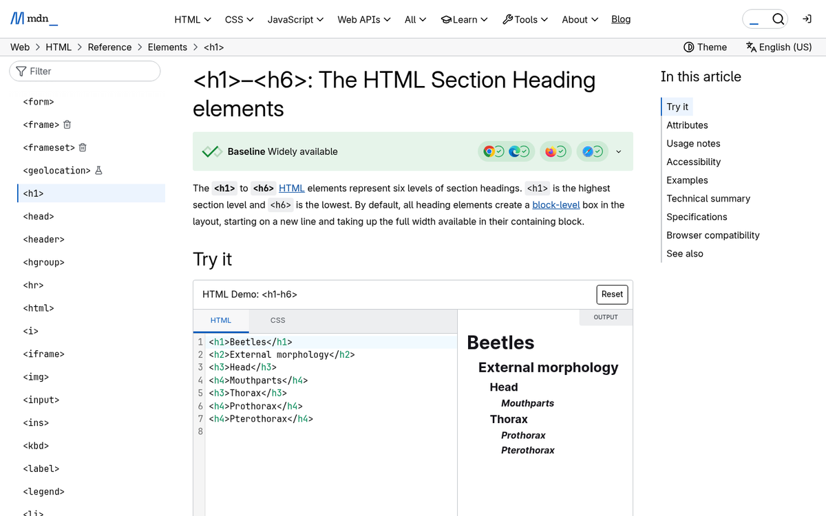 HTML heading tags H1 through H6 hierarchy