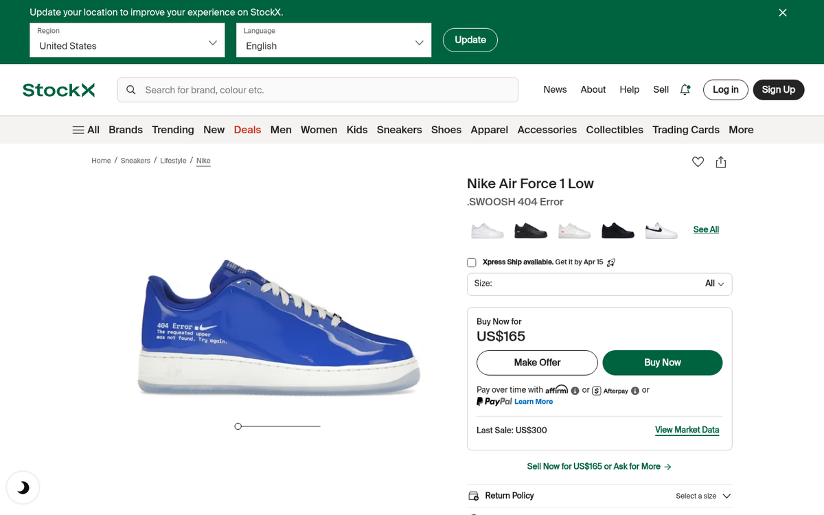 Landing page displaying a 404 error message