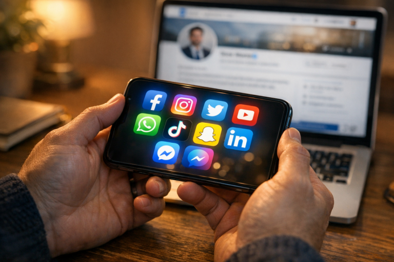 Social media icons interconnected on screen