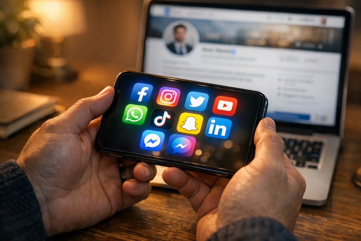 Social media icons interconnected on screen