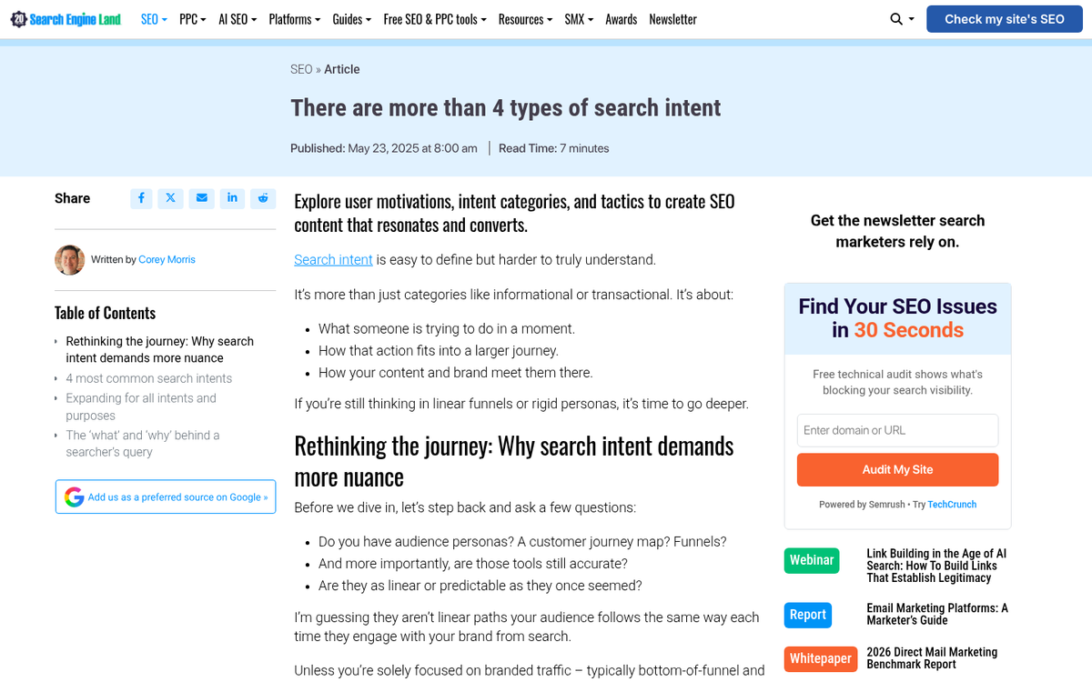 Search query results showing user intent types
