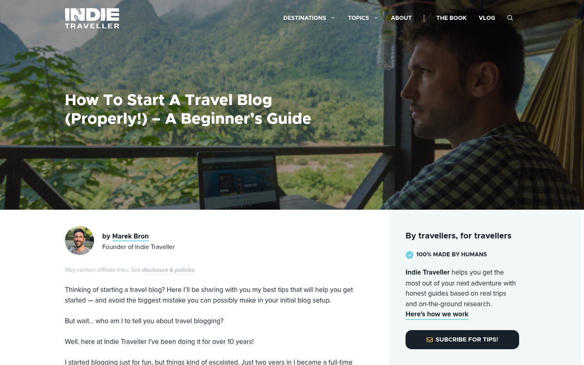 Travel blog basic pages website screenshot