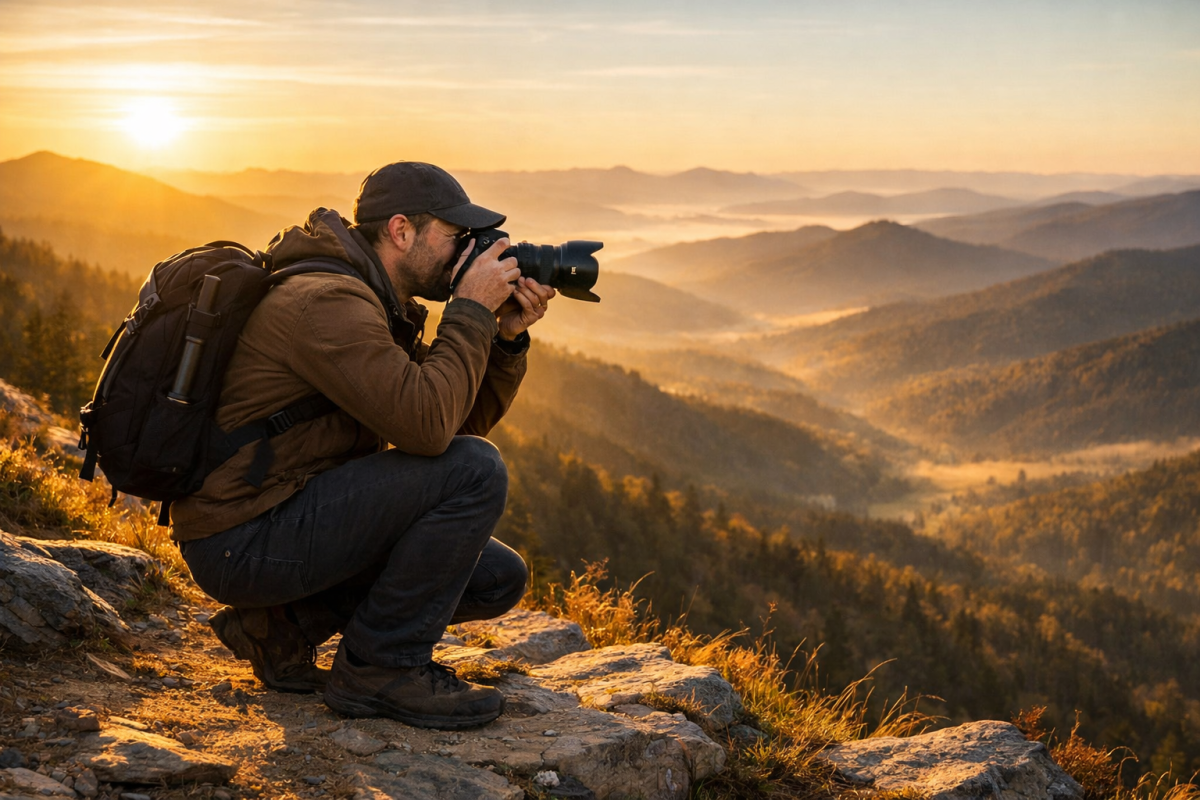 Photographer adjusting camera settings outdoors