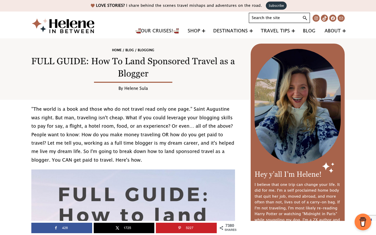 Travel blog sponsorship page website screenshot