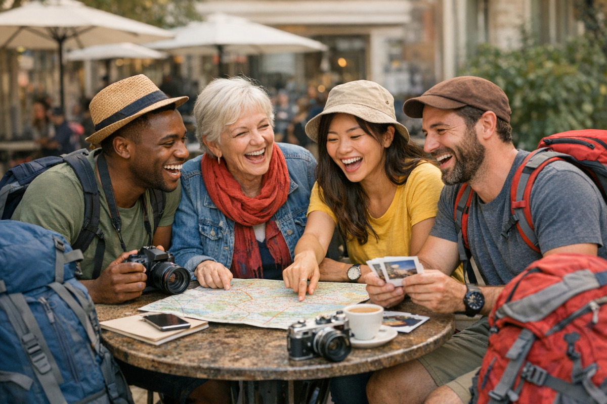 Travelers connecting and networking online together