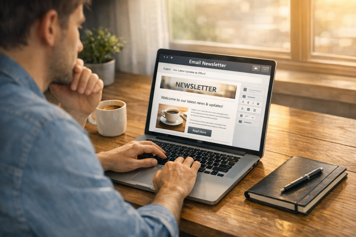 Person deciding email content at desk