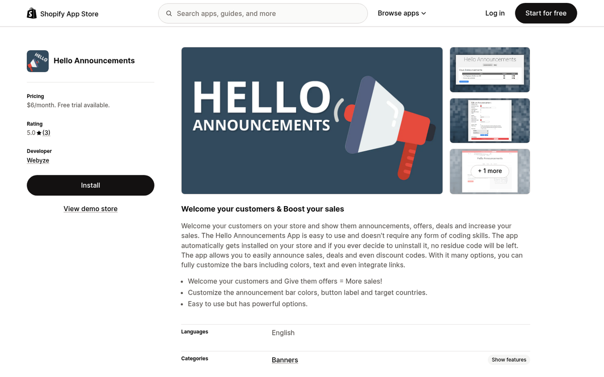 Hello Bar announcement bar on website