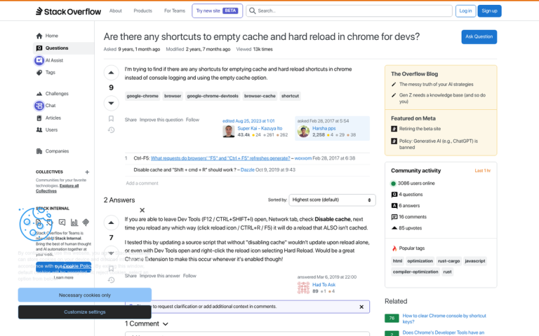 Browser cache settings refresh options screen