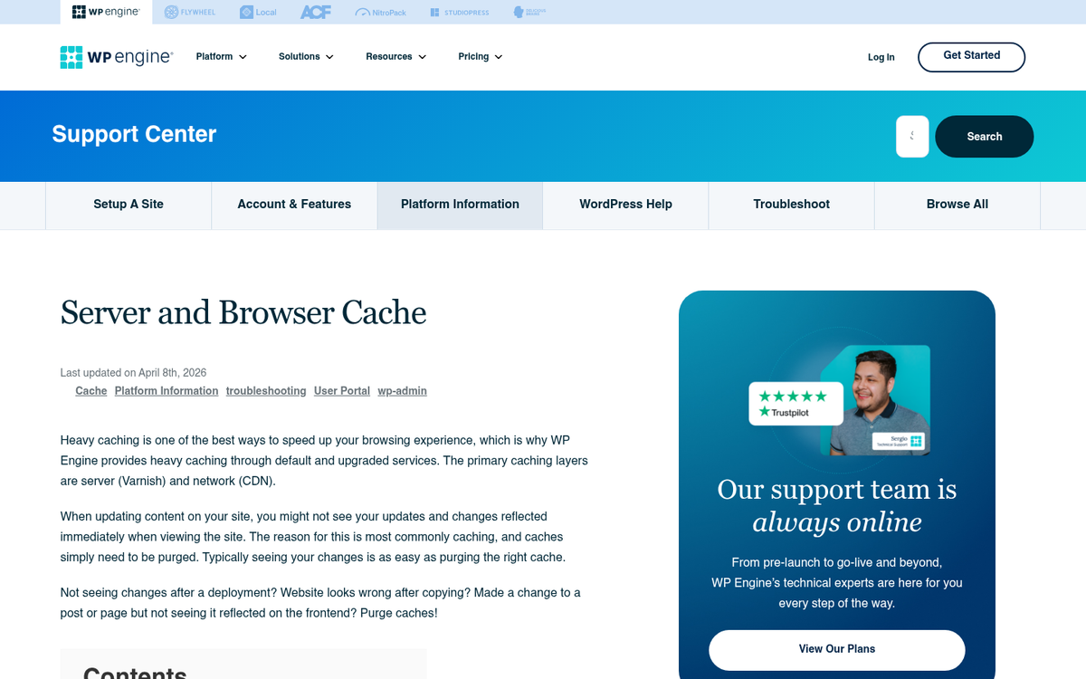 WordPress hosting server caching dashboard interface