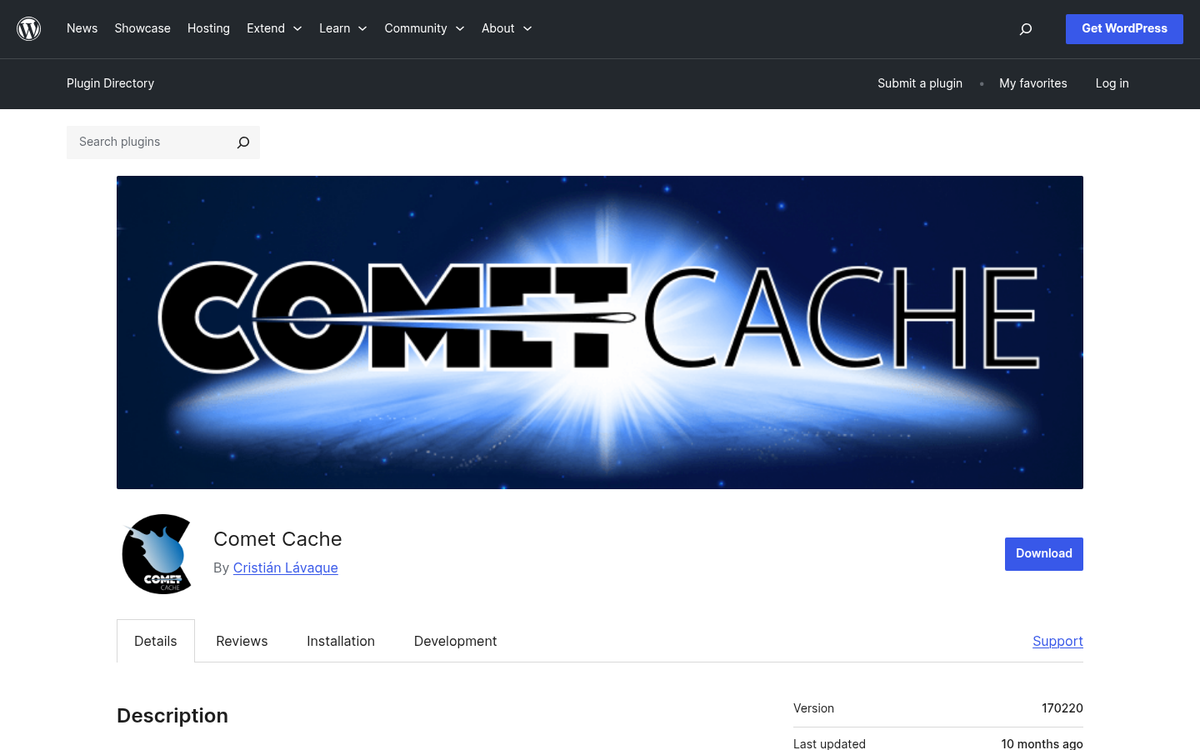 Comet Cache WordPress plugin website screenshot