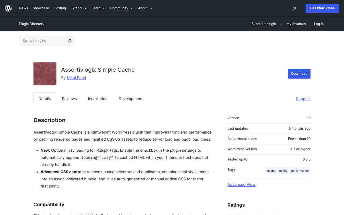 Simple Cache WordPress plugin interface screenshot
