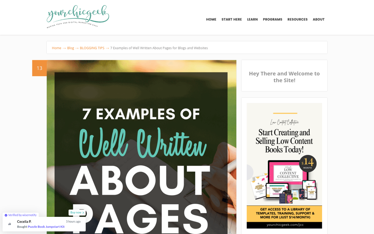 Blog about page showcasing author credentials