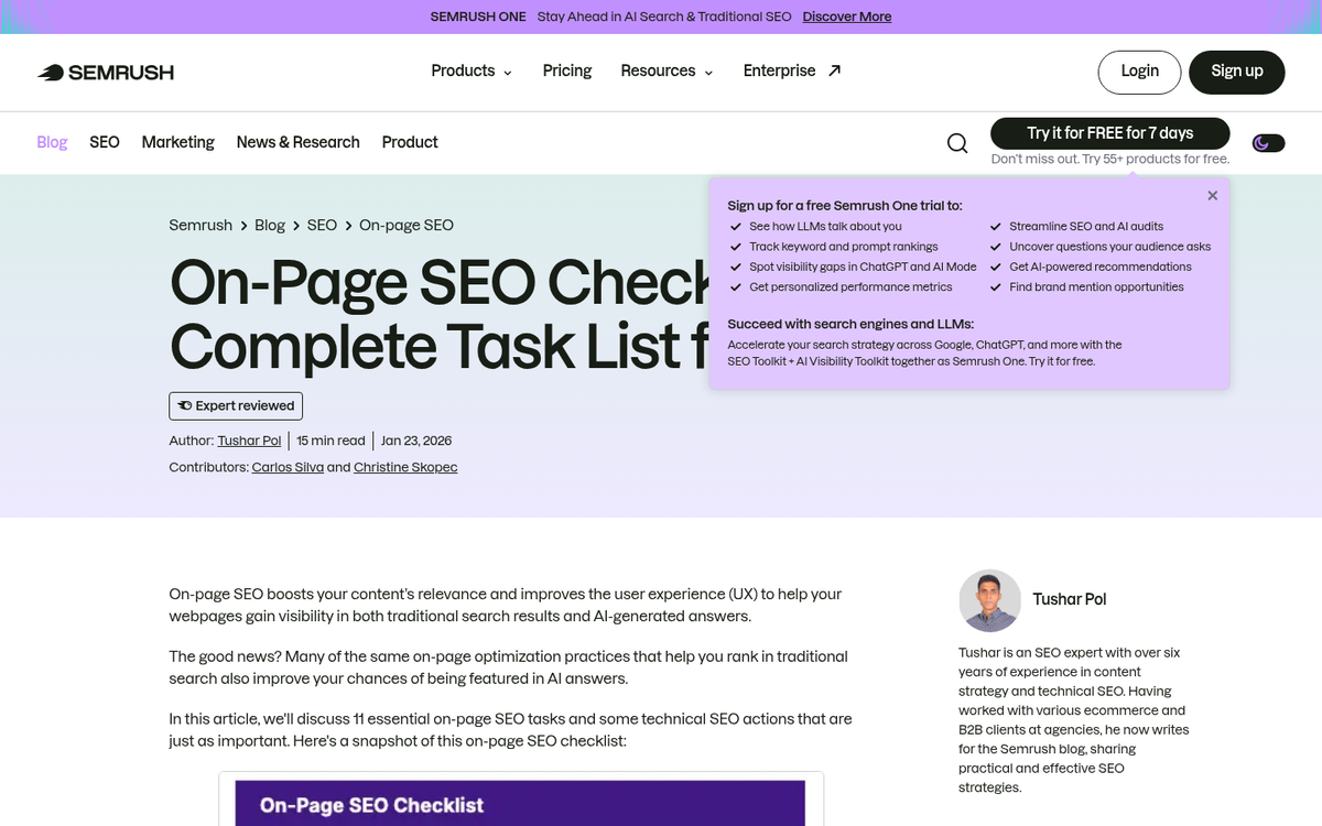 On-page SEO checklist on a webpage