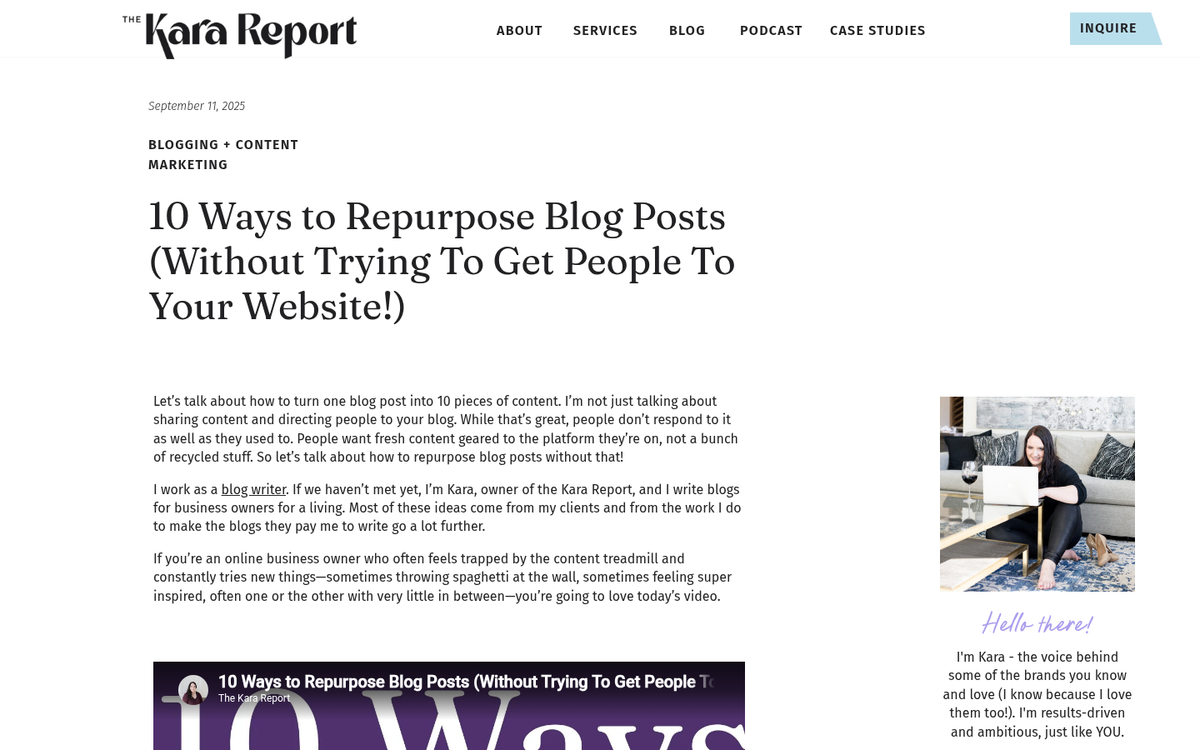 Screenshot of repurposed blog content webpage