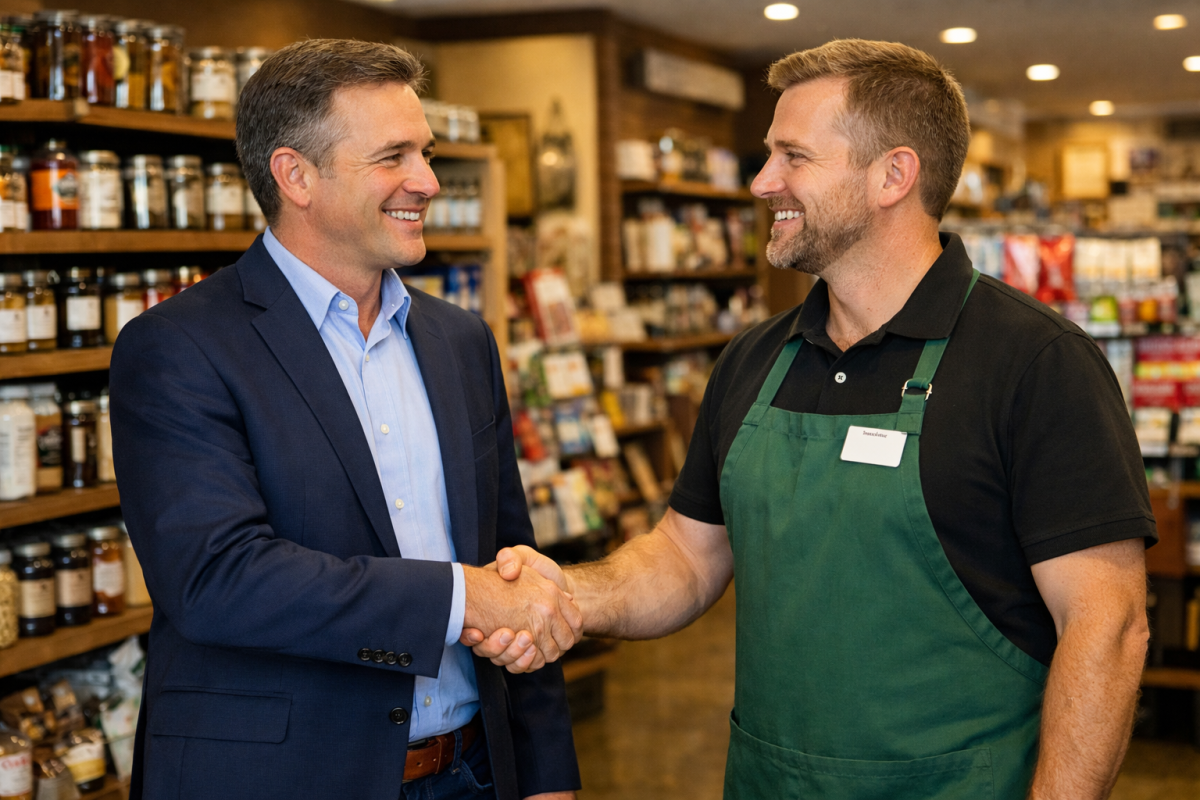 Small retailer owner discussing wholesale partnership