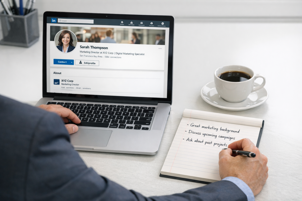 Person researching contacts on a laptop