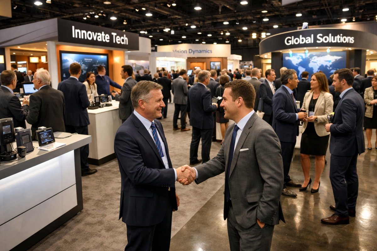 Busy trade show exhibition floor with booths