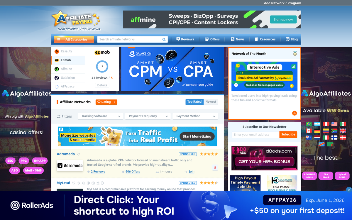 Dating site affiliate links dashboard screenshot