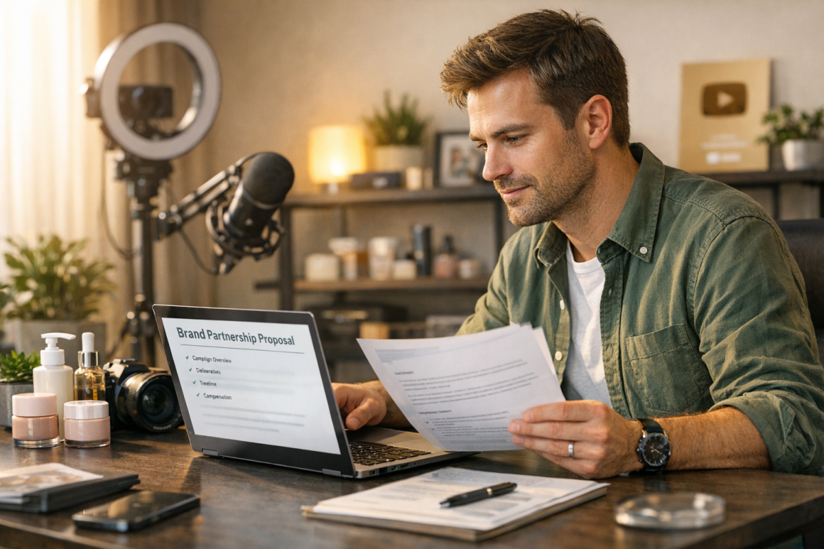 Blogger writing sponsored post on laptop