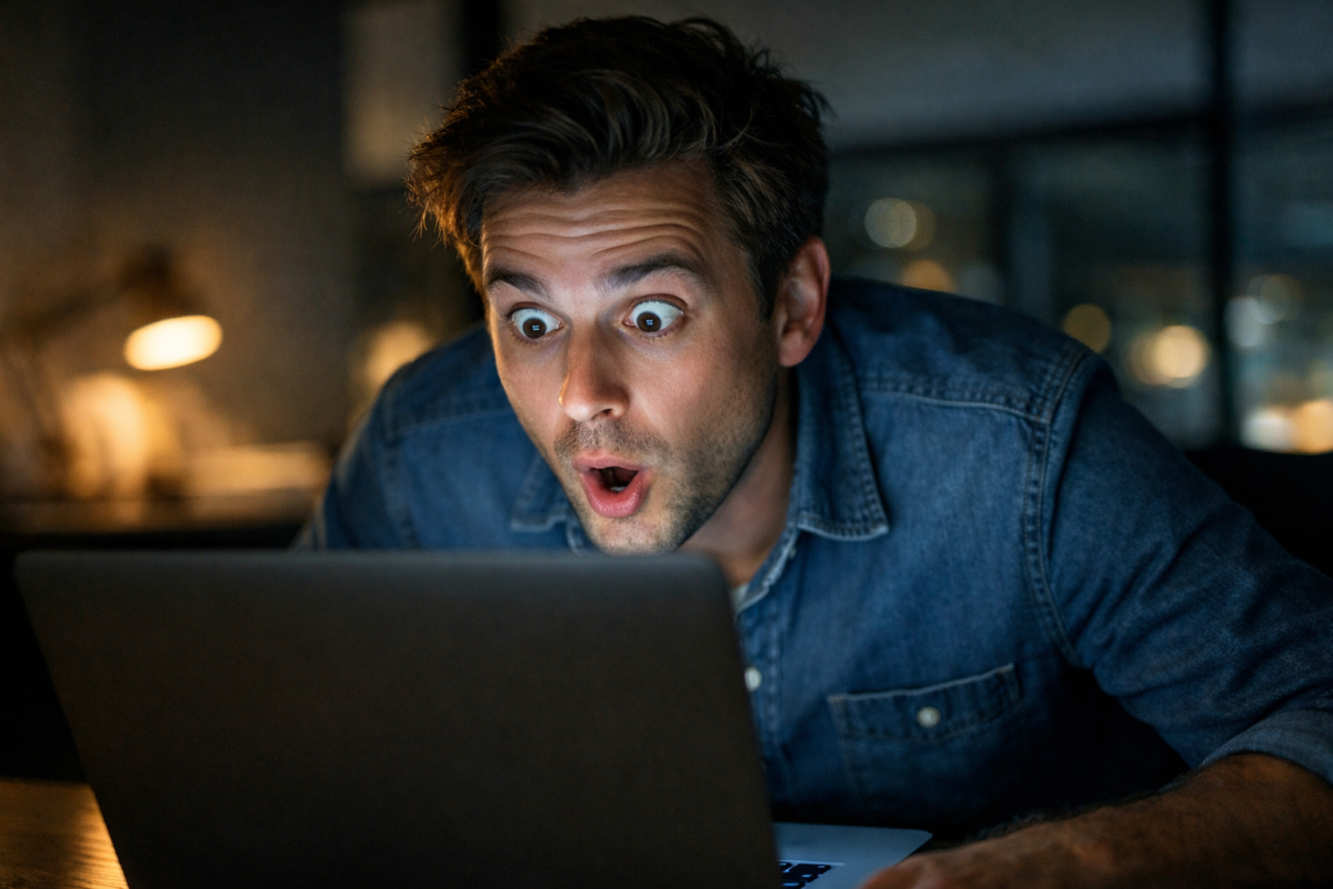 Shocked person reading surprising online content