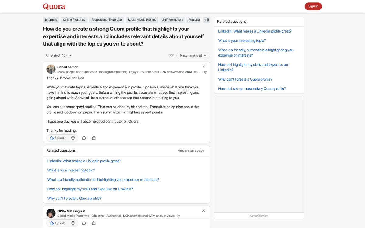 Quora profile page screenshot example
