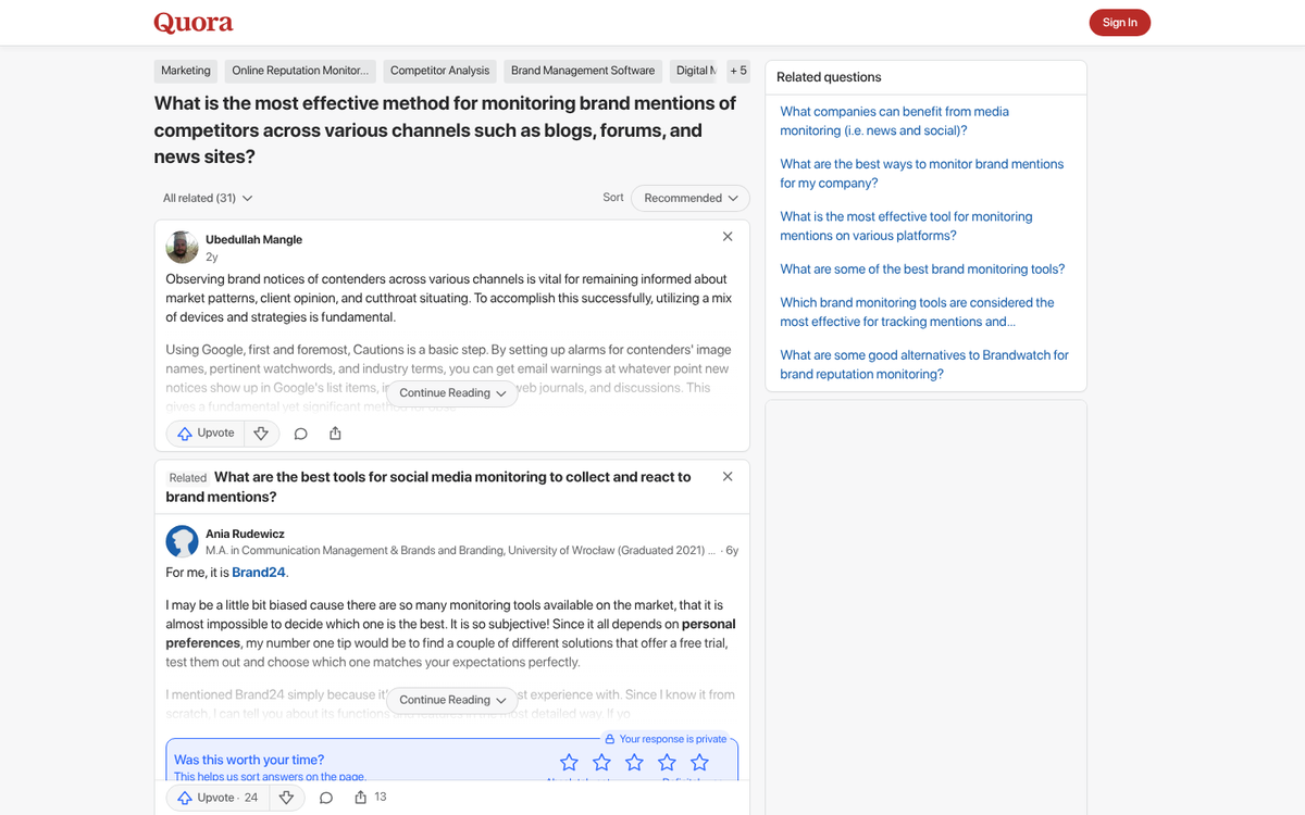 Quora brand search results page screenshot