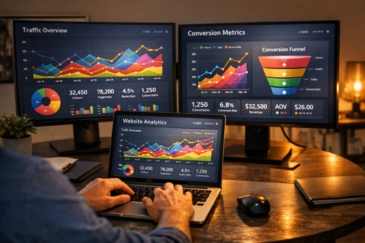 Person analyzing website traffic growth charts