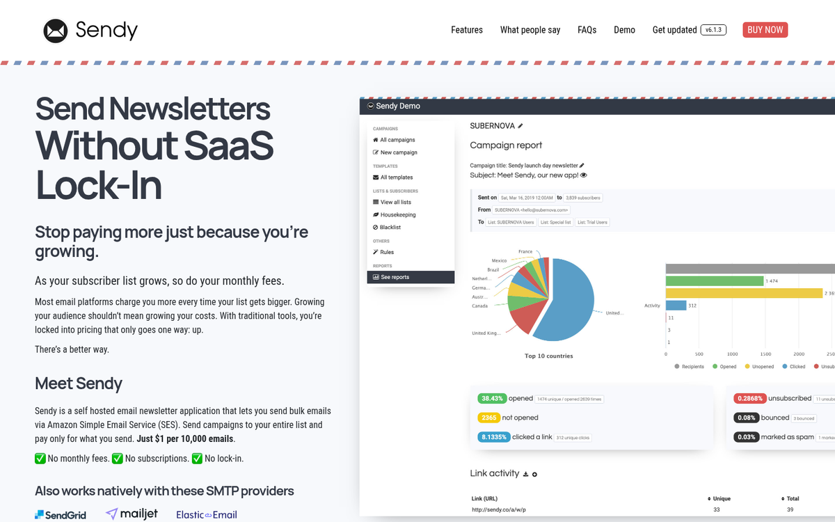 Sendy email marketing software homepage screenshot