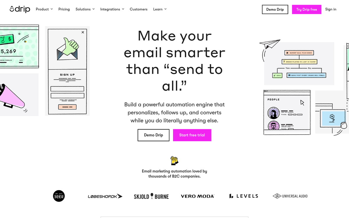 Drip email marketing platform homepage screenshot