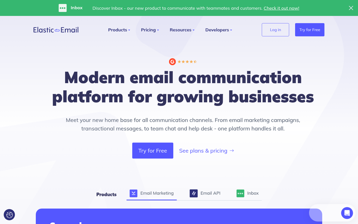 Elastic Email marketing platform homepage screenshot