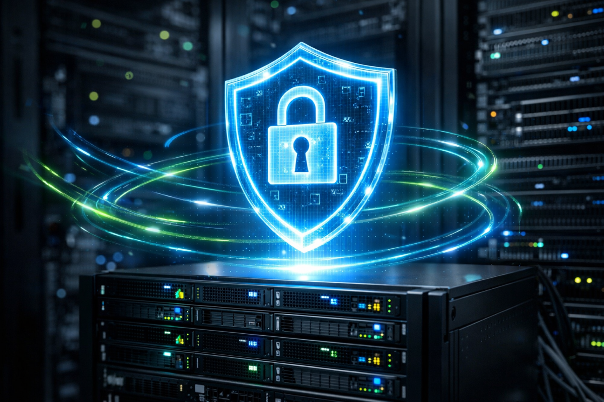 Shield icon with monitoring dashboard display