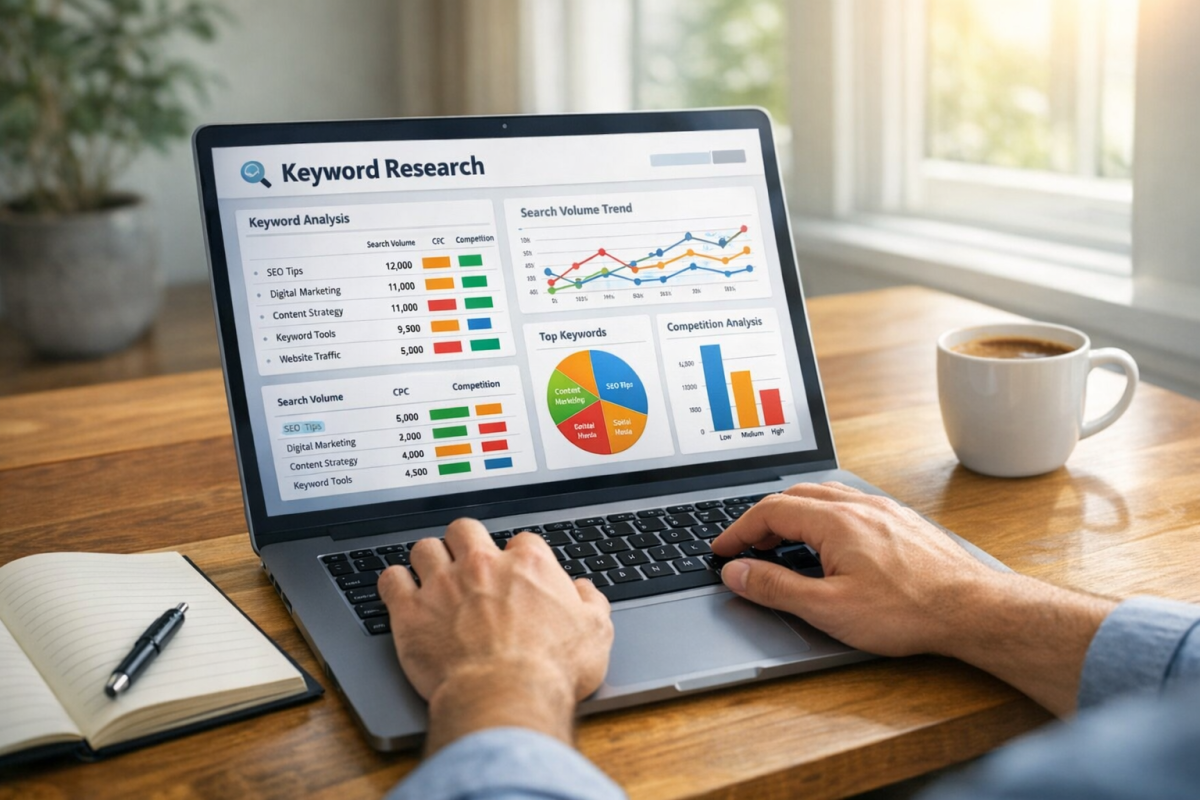 Researcher analyzing keyword data on computer