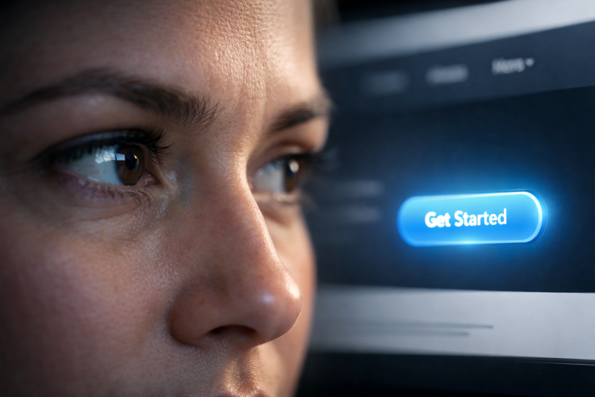 Person pointing toward a call-to-action button