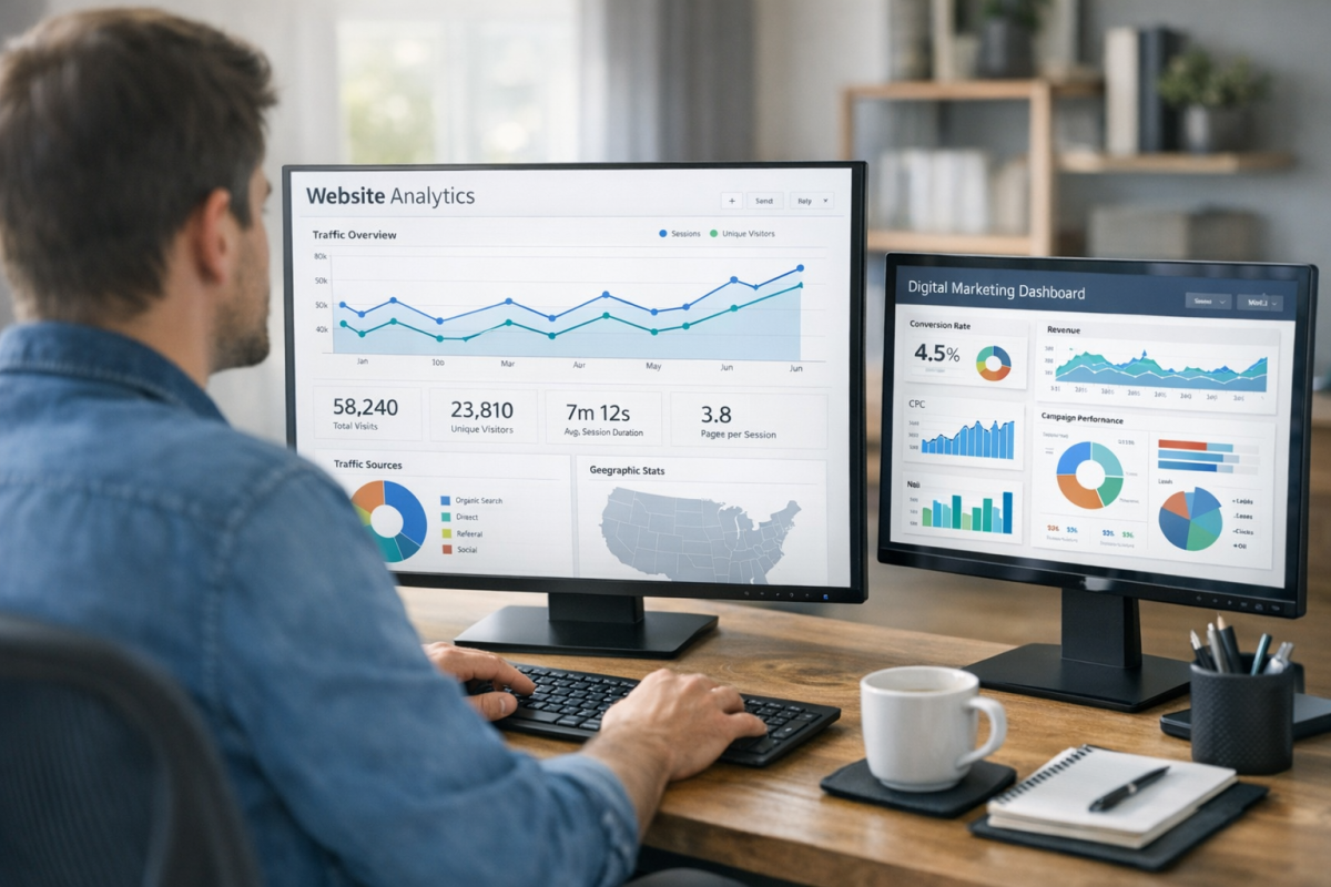 Person analyzing website traffic data strategically