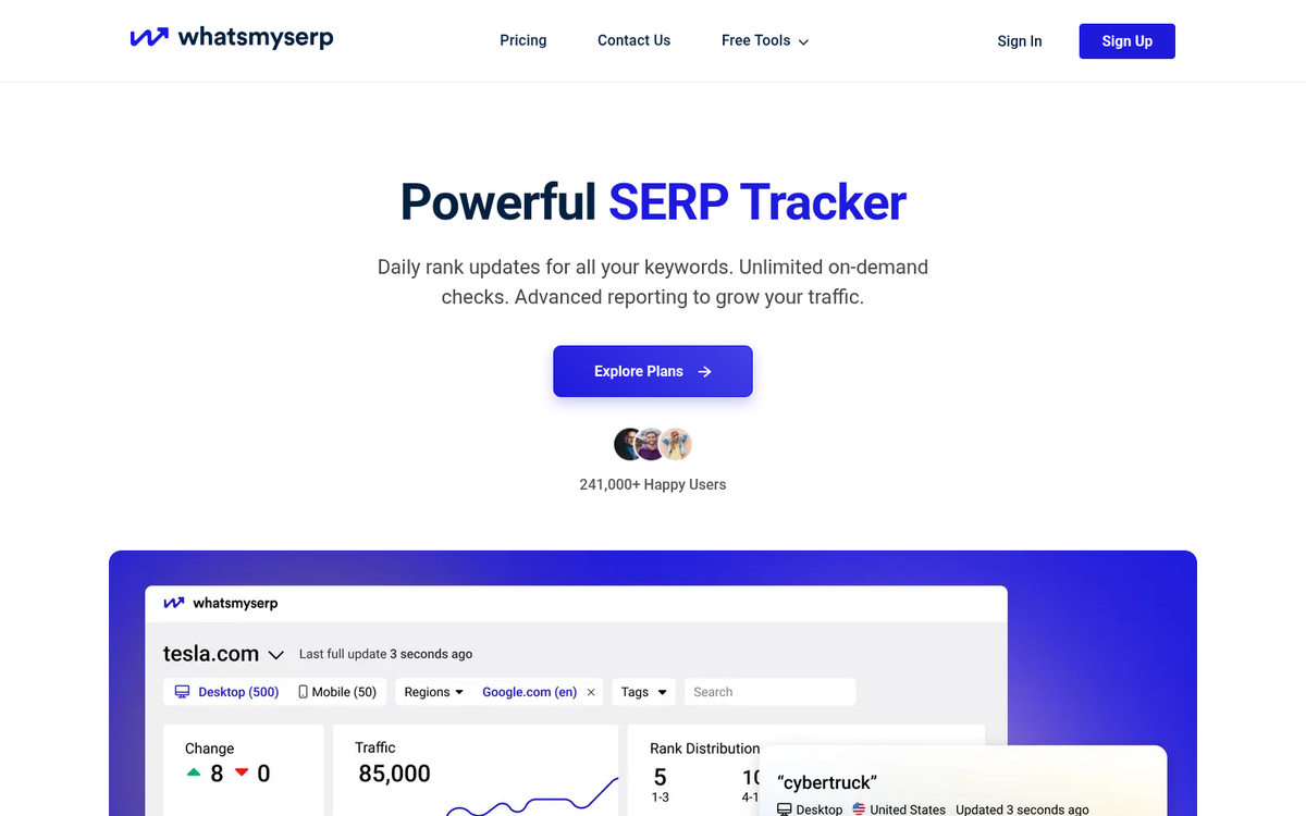WhatsMySerp SERP tracking tool interface screenshot