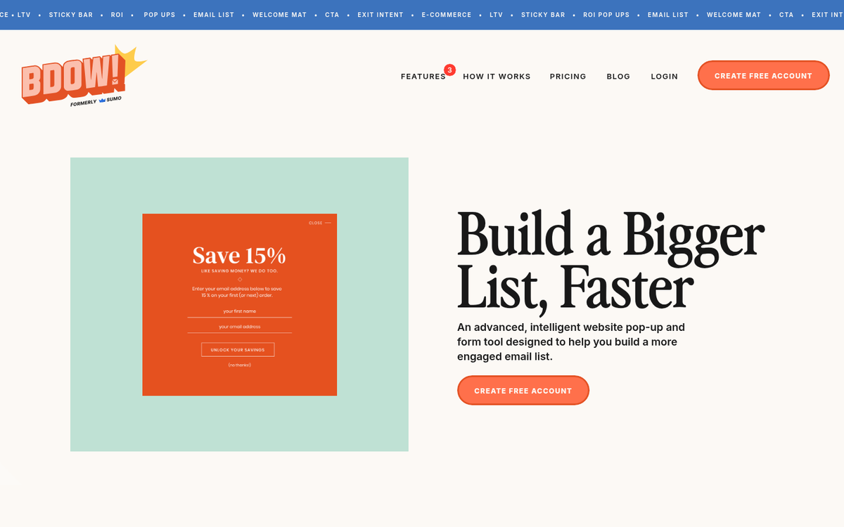 Sumo email list builder homepage screenshot