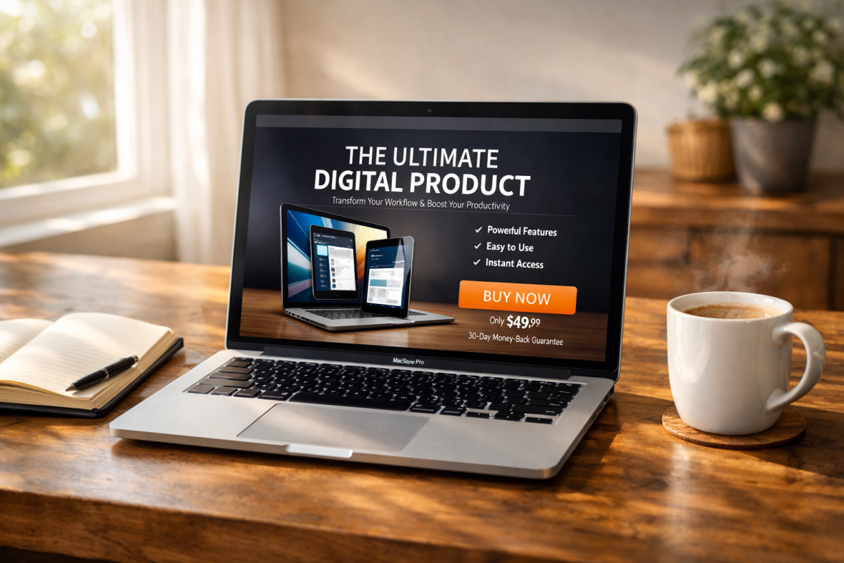 Digital products displayed on laptop screen