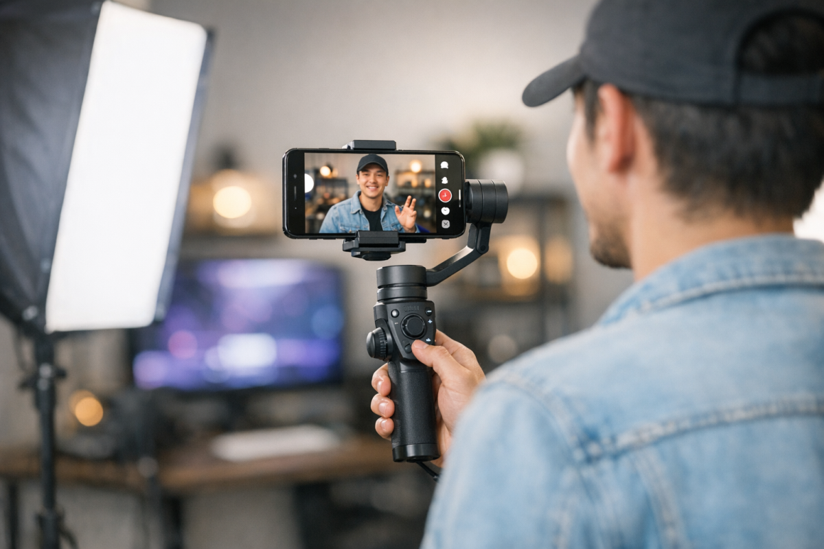 Person filming short video for blog content