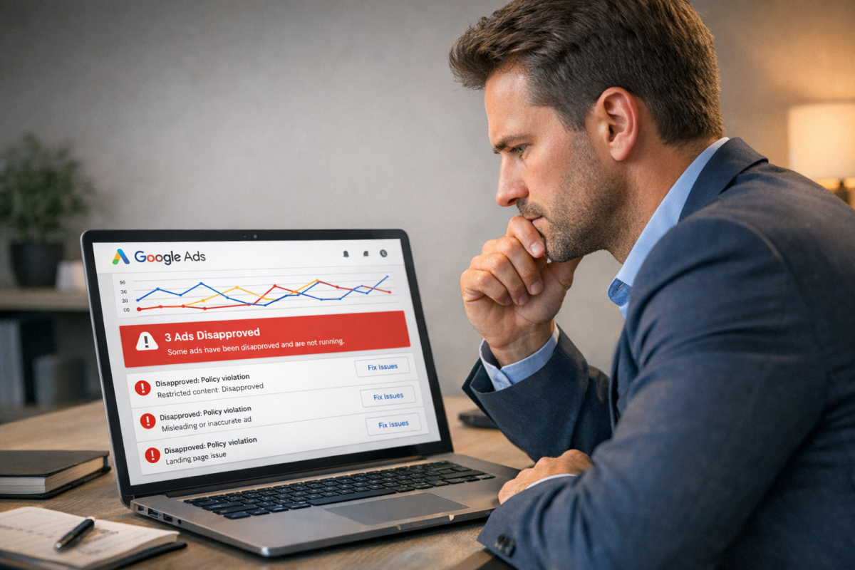 Person reviewing disapproved ad on computer