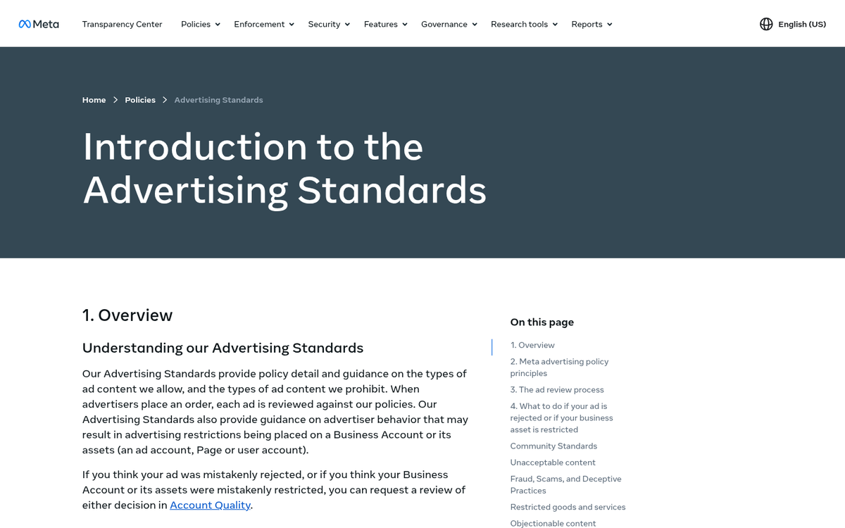 Meta advertising policies page screenshot