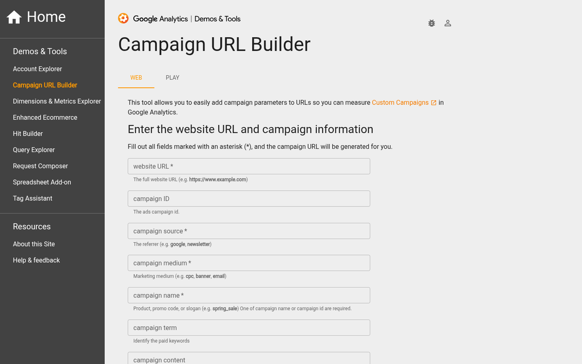 Google Analytics URL builder form interface